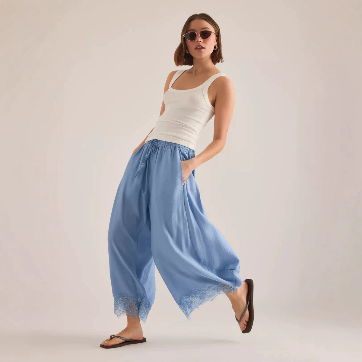 Women's Lace Paneled Wide-Leg Pants with a Burnt Hem
