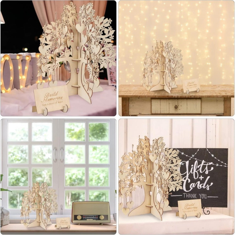 Arbre de coeur en bois gravé - Arbre de souhaits créatifs pour les salutations de mariage et le message invité