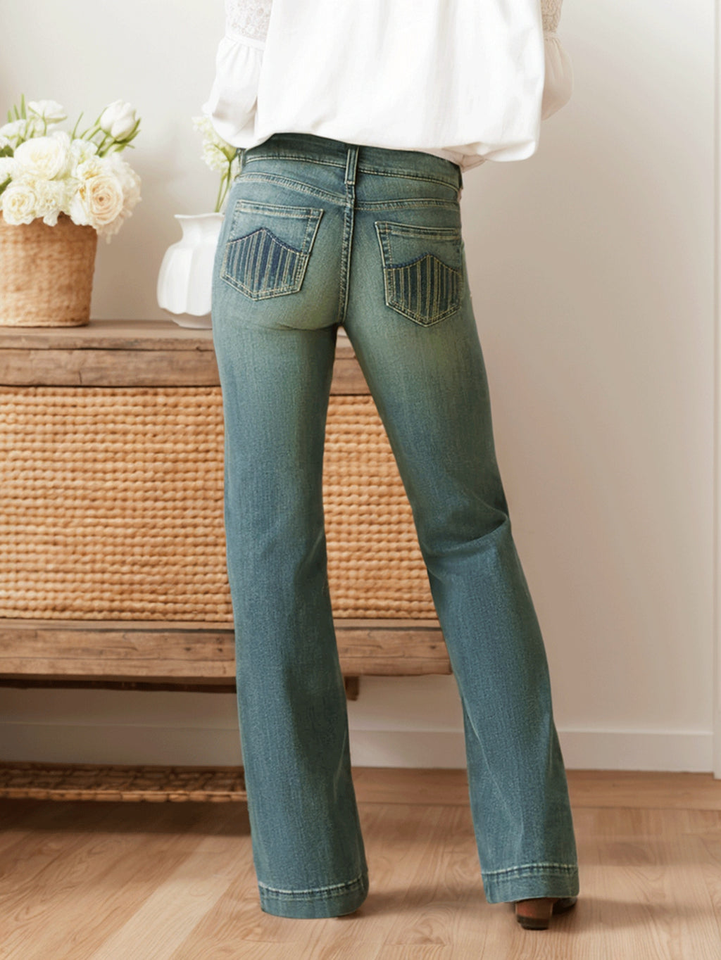 Femmes Vintage Lavé Slim Flare Denim Jeans Versatile Long Denim Pantalons Pour Automne Extérieur