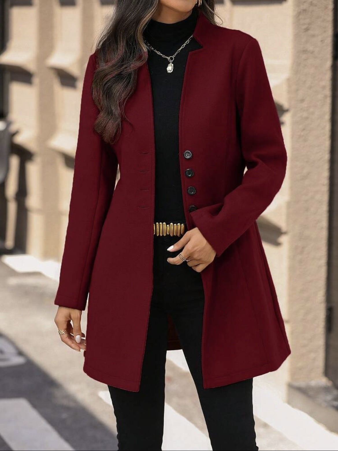 Élégante laine Stand-collar Trench Coat Style mi-long pour les femmes
