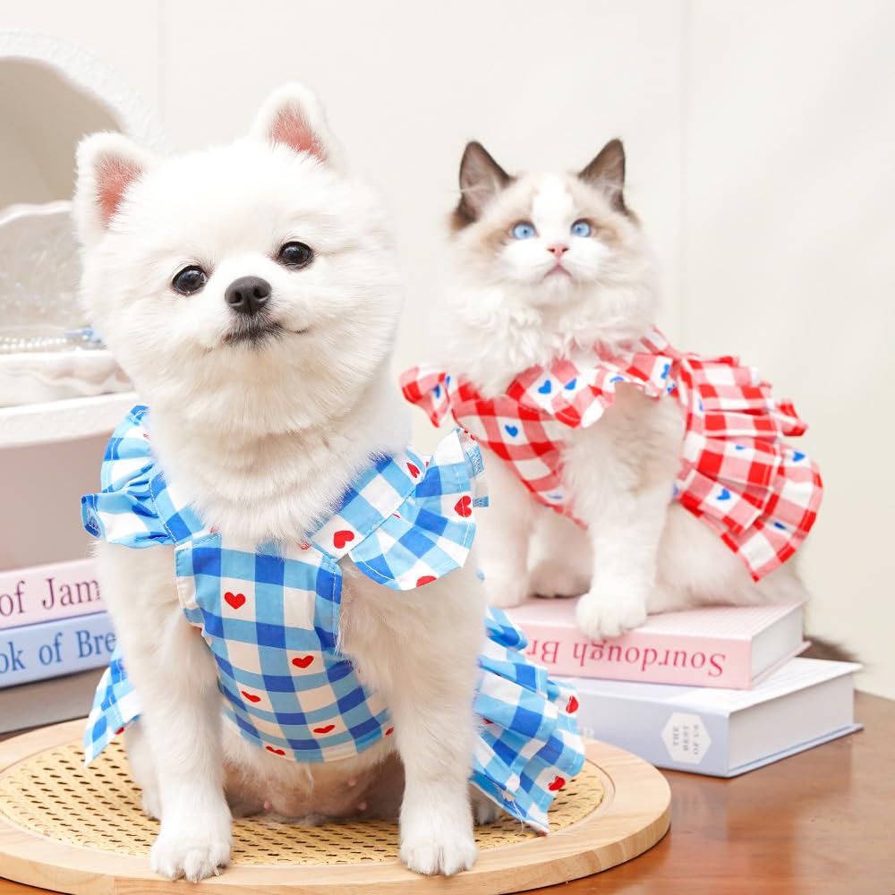 Rouge Plaid petite robe de chien fille printemps vêtements de chat avec patron de coeur été robes de Pet Fo
