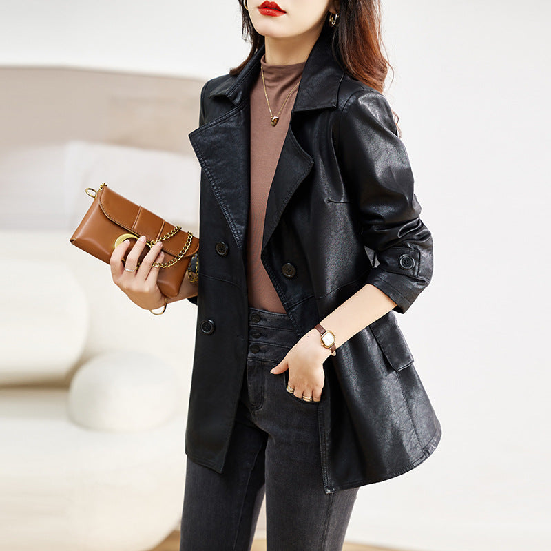 Manteau de cuir mi-long pour femme Printemps et automne