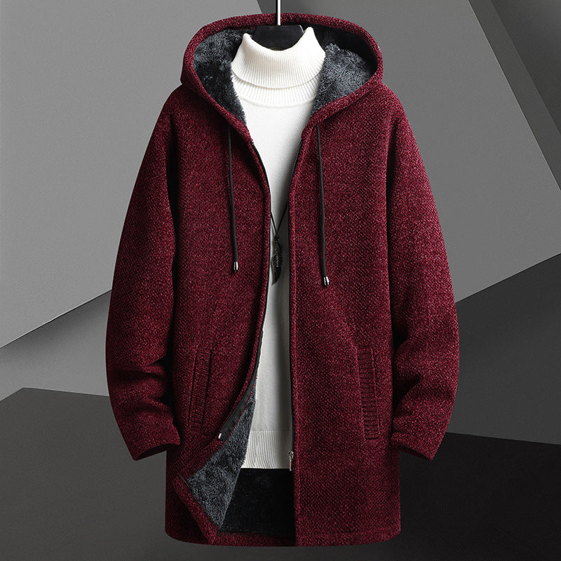 Automne d'hiver Hommes doublés de polaire mi-longueur Zipper Chandail à capuche Cardigan