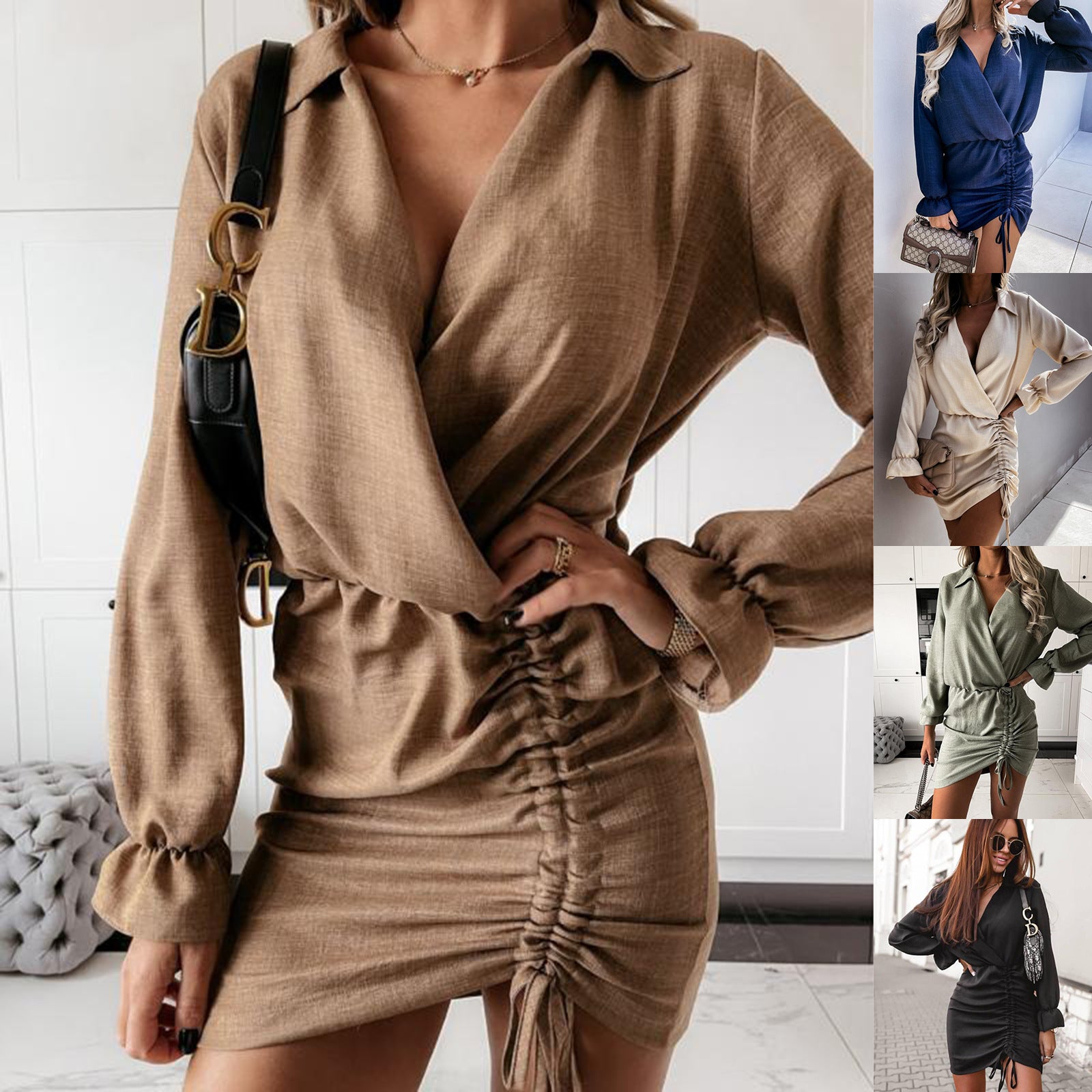Robe à cordons de couture à col V