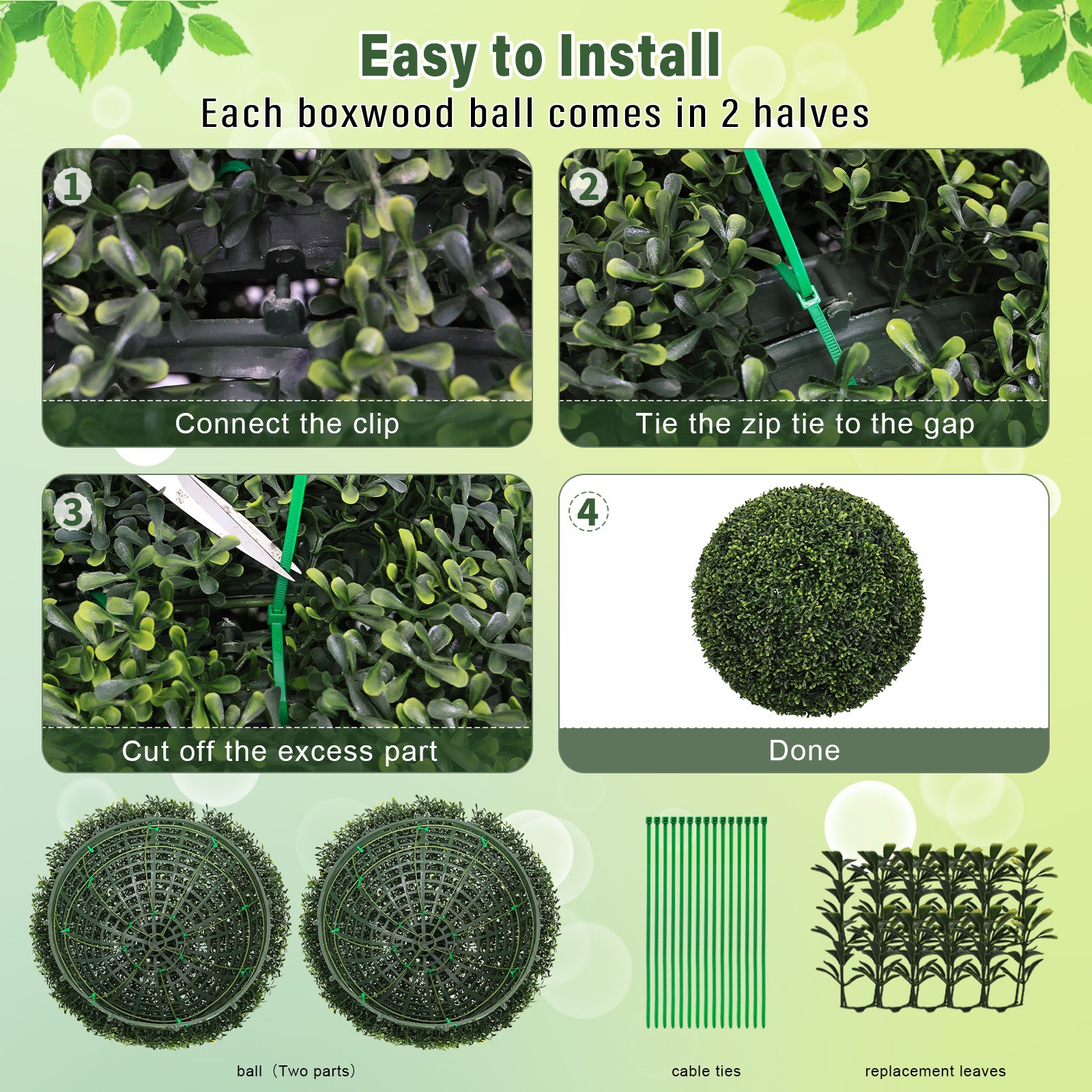 18.5IN Balles topiaires Plantes artificielles de faux bois à l'extérieur Grandes sphères décoratives vertes