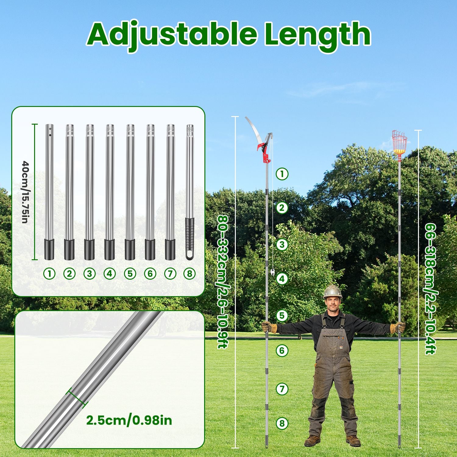 14.4FT OU 10.9FT Option 2-en-1 Picker de scie et de fruits avec Pol en acier inoxydable extensible