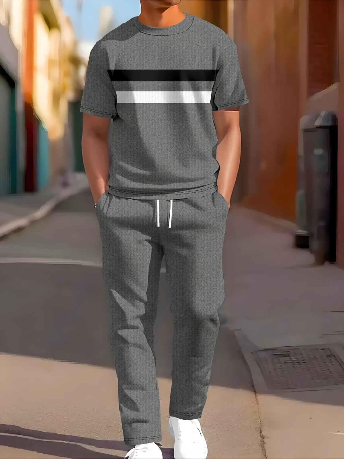 Vêtements de sport occasionnels manches courtes et pantalons longs Imprimés Ensemble deux pièces