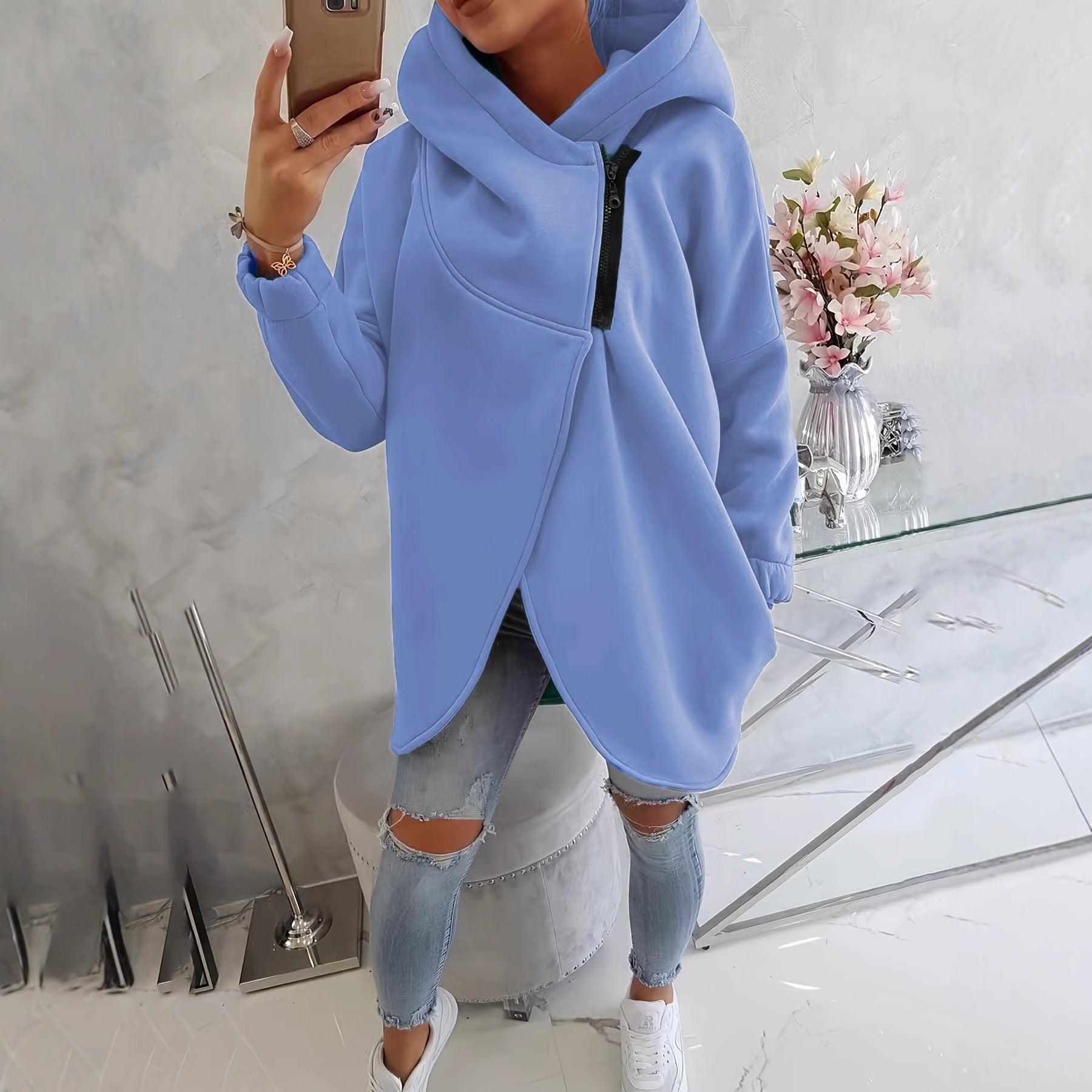 Sweat-shirt casual à capuche noir à manches longues européen et américain avec fron