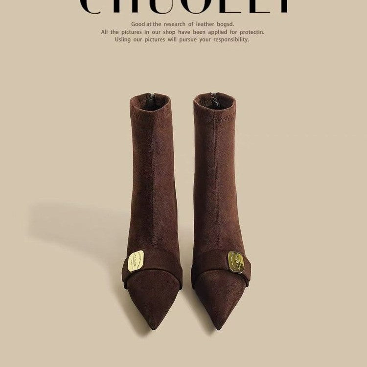Femmes Pied pointu orteil noir Haut talon Bottes de cheville en métal français Boucle élastique Slim Fit Bottes