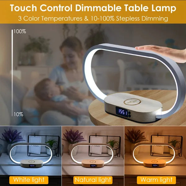 Lampe de contrôle tactile de table de chevet avec horloge sans fil charge lampe de bureau LED