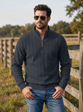 TK Hommes Vertical Stripe Waffle Half-Zip Stand Collar Long Sleeve Top