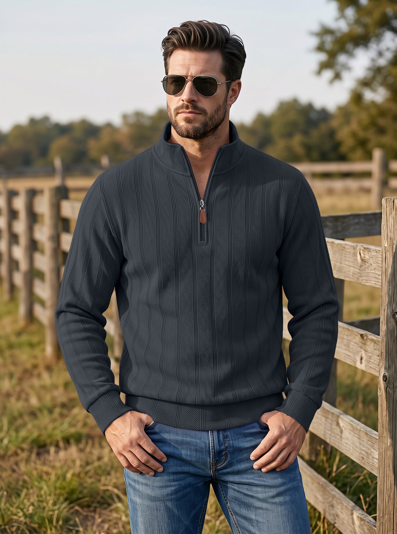 TK Hommes Vertical Stripe Waffle Half-Zip Stand Collar Long Sleeve Top