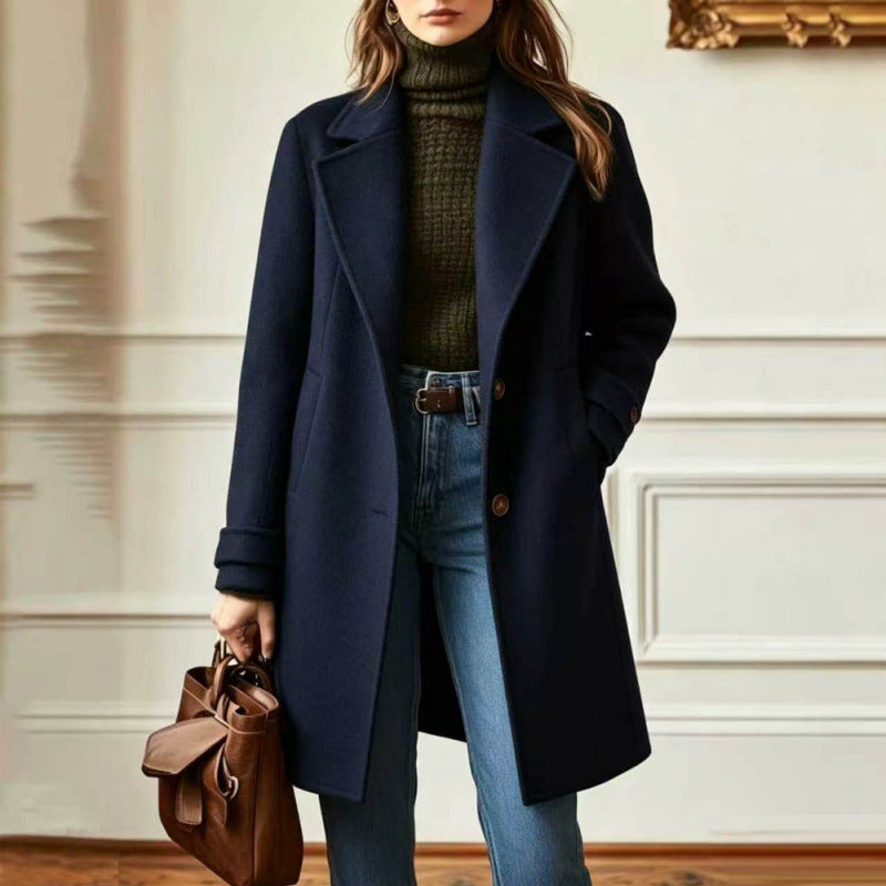 Élégant manteau de laine de couleur unie Midi-longueur avec un lapel