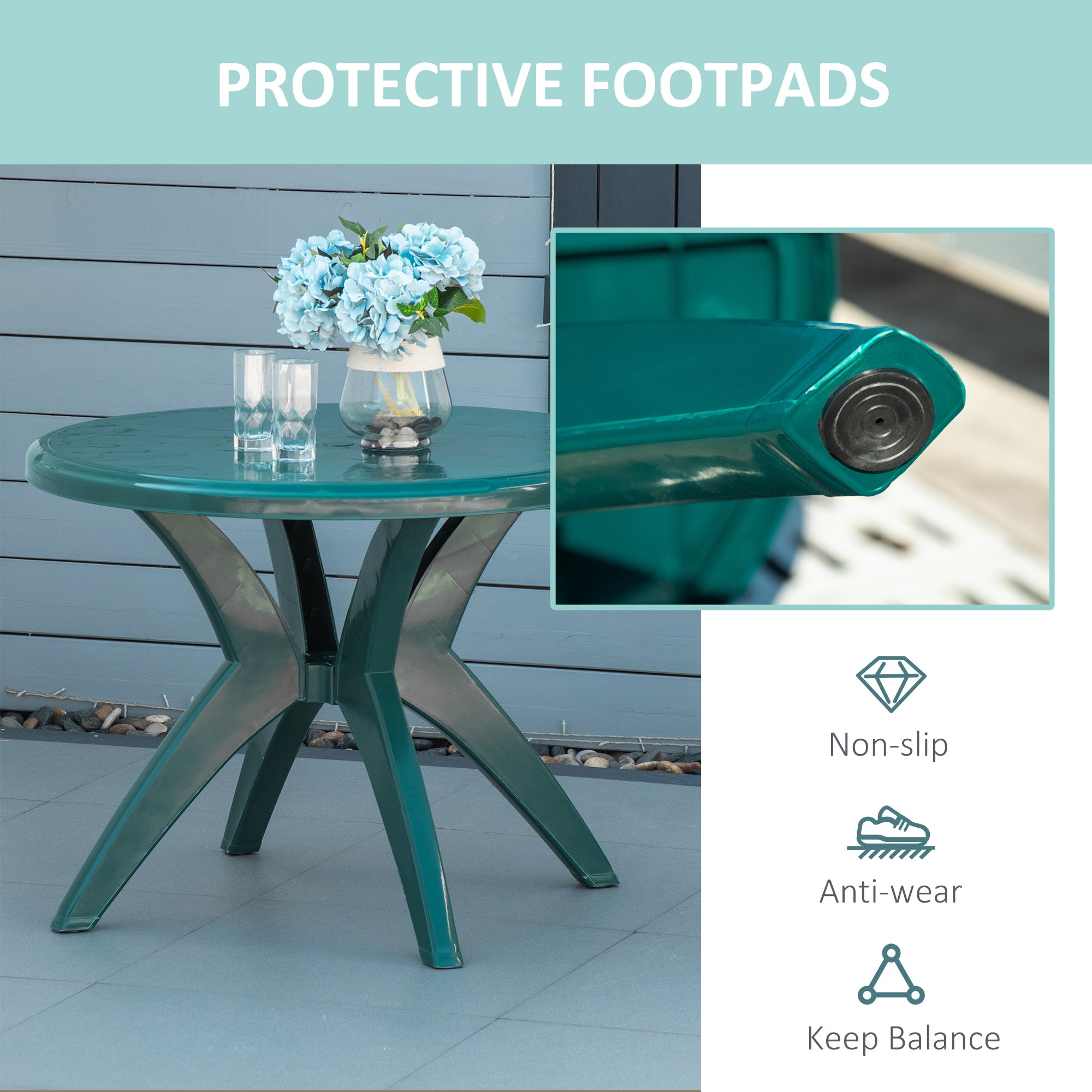 Table de patio ronde en plastique de 36,25 po de dia avec trou de parapluie