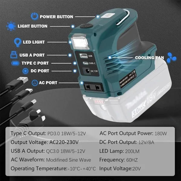 Convertisseur de tension de batterie LXT 180W 18V (onduleur) avec banque d'alimentation LED USB