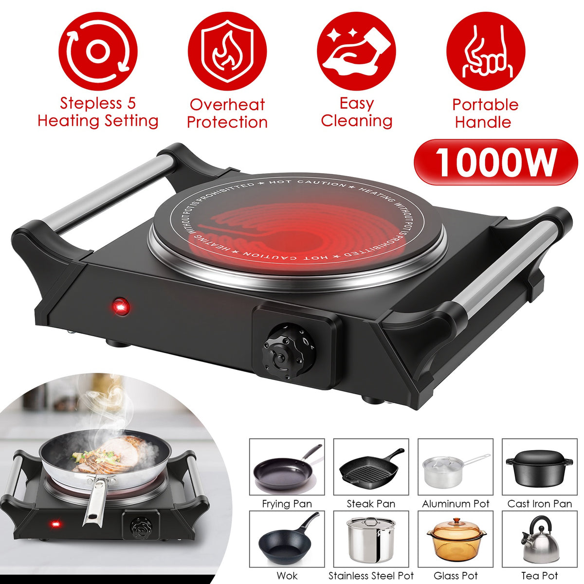 1 Mille puissance électrique simple brûleur plaque de chauffage portable Poêle comptoir RV Hotplat