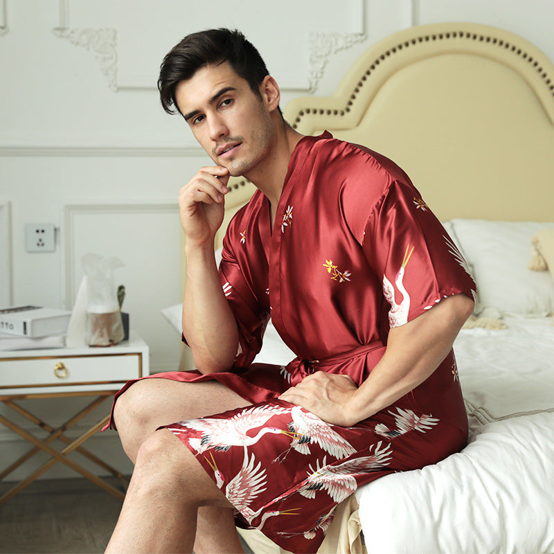 Mi-long Imprimé artificielle soie chemise de nuit homme Groom Best Man Morning Gowns Sexy Pajam