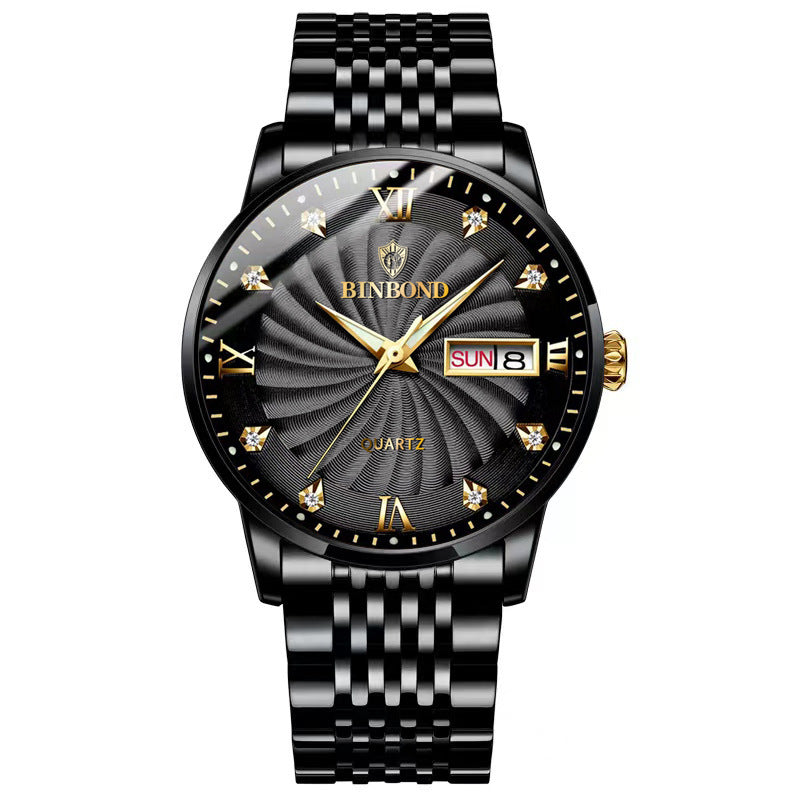 Fashion Quartz Montres en acier Ceinture Double Calendrier Montres Homme Imperméable