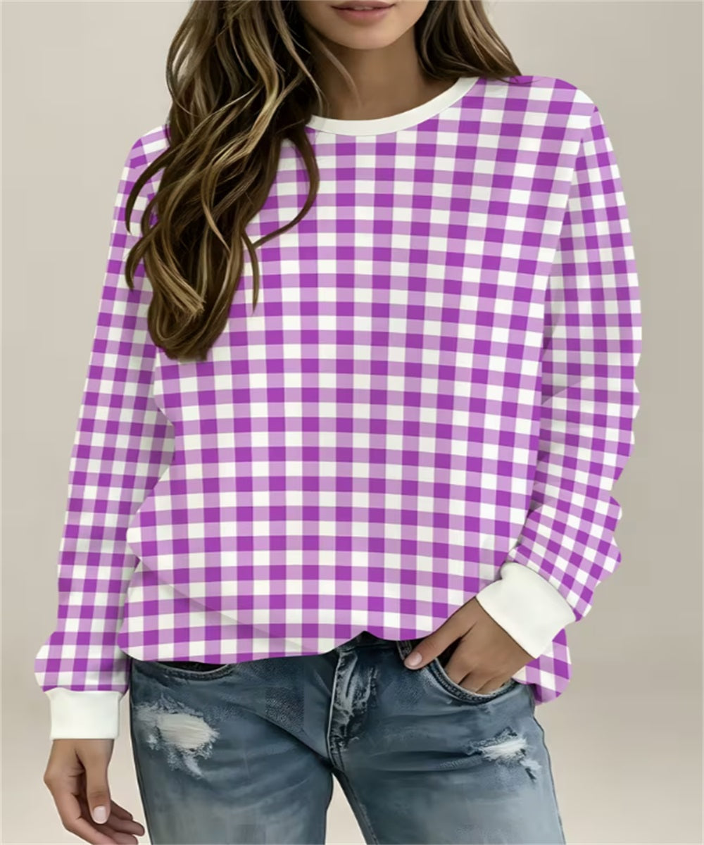 Sweat-shirt en col rond imprimé Gingham Blanc Jaune Femme