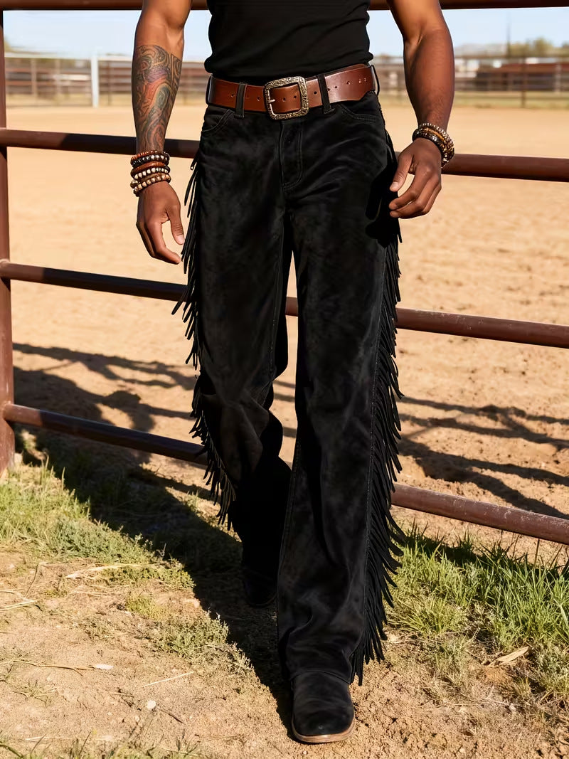 Retro Western Cowboy Deer Skin Fleece Fringe Pantalons à jambes larges