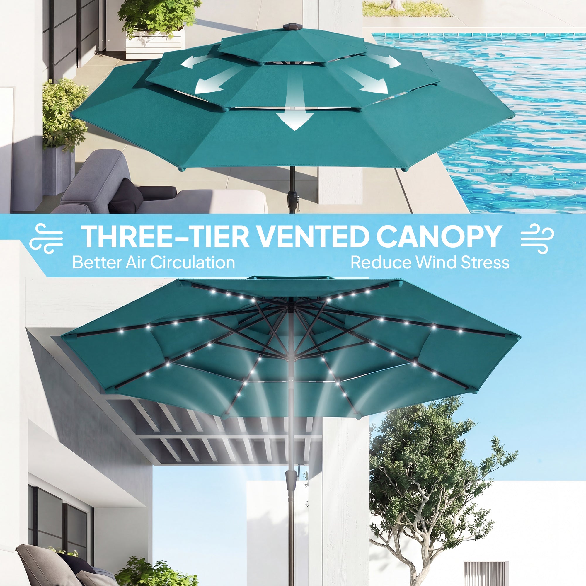 Parapluie extérieur Patio de 9,7 pieds avec lumières solaires LED