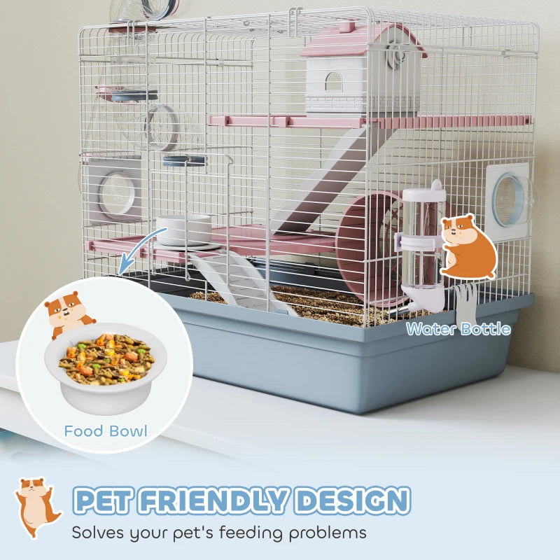 Cage, 3-Tier petit animal Cage avec roue d'exercice, bol alimentaire, bouteille d'eau, maison, tunnel