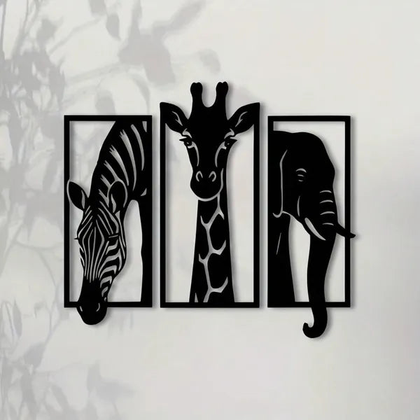 CIFbuy Metal Baked Paint African Animal 3-Piece Wall Art Set Zebra Giraffe Elephant Home D