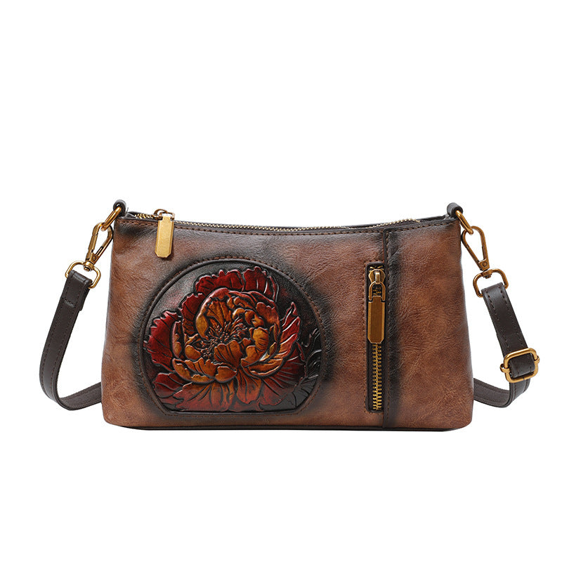 Cuir souple Vintage Ethnic style sac à épaule décontracté en cuir sculpté à la main pour les femmes