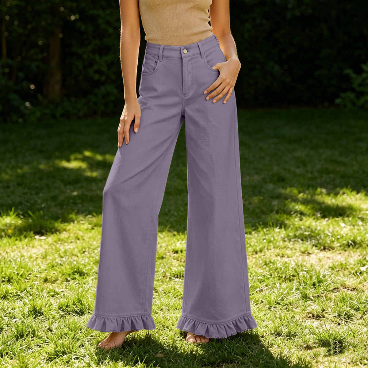 Pantalon à large jambe en coton taille haute avec l'ourlet volant
