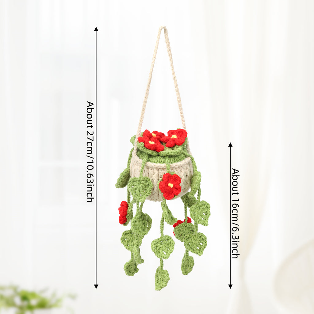 Crochet à la main suspendu ornement Pot avec trailing brillant rouge Blossoms et feuille verte