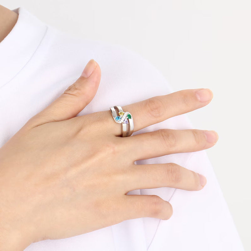 Couleur Blocked Birthstone Laser gravé argent plaqué anneau personnalisé