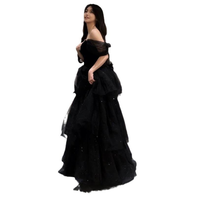 Robe de soirée noire Léger Luxury Minority style français Pettiskirt