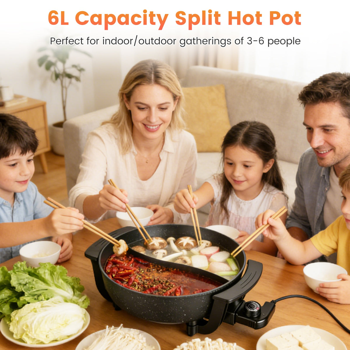 6L Electric Pot with Divider 1100W Dual Flavor Pot Shabu Shabu Pot Non-positional with 5-Temp C
