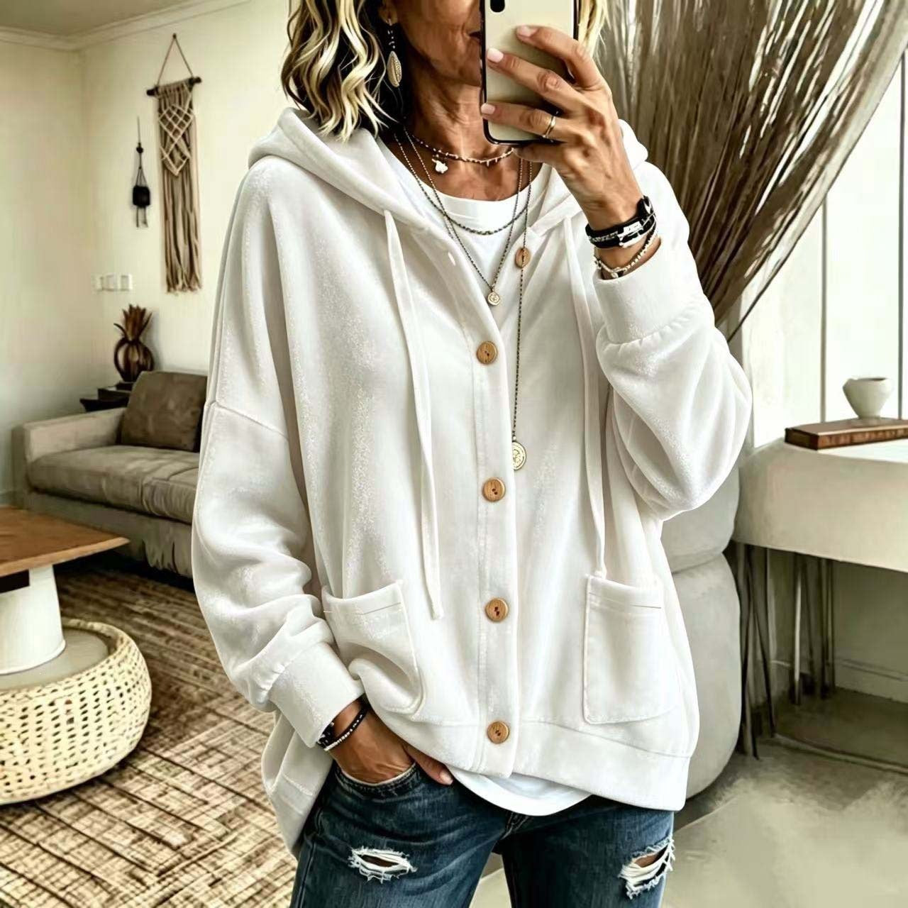 Femmes Automne Veau d'hiver Hoodie Cardigan Bouton avant cordon drawstring manches longues Casual Loose