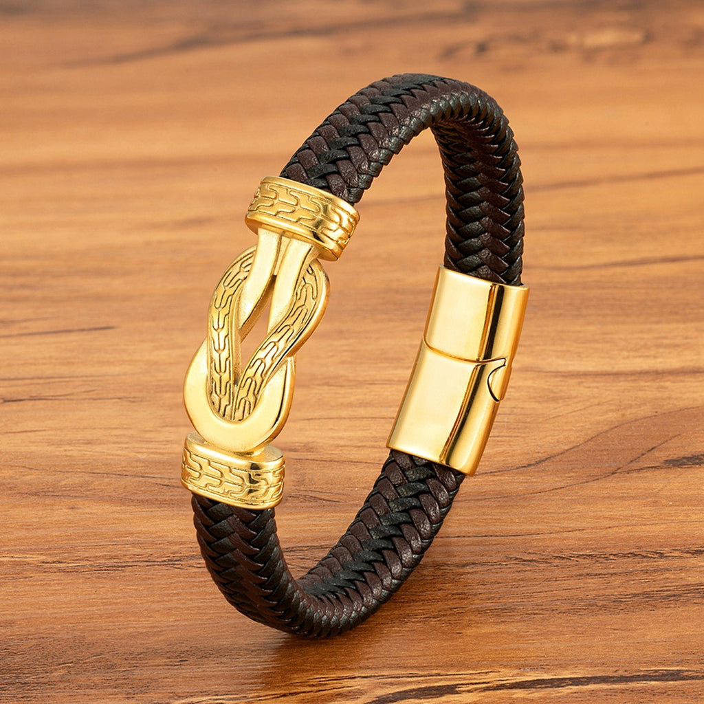 Bracelet en cuir tissé de café noir avec fermoir magnétique or et acier