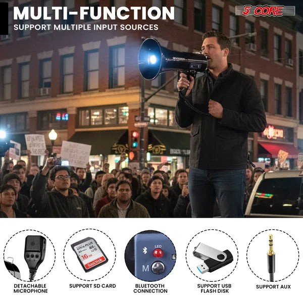 5 Mégaphone Core 50W Bluetooth rechargeable Bullhorn Portable 1100 Yards W Siren