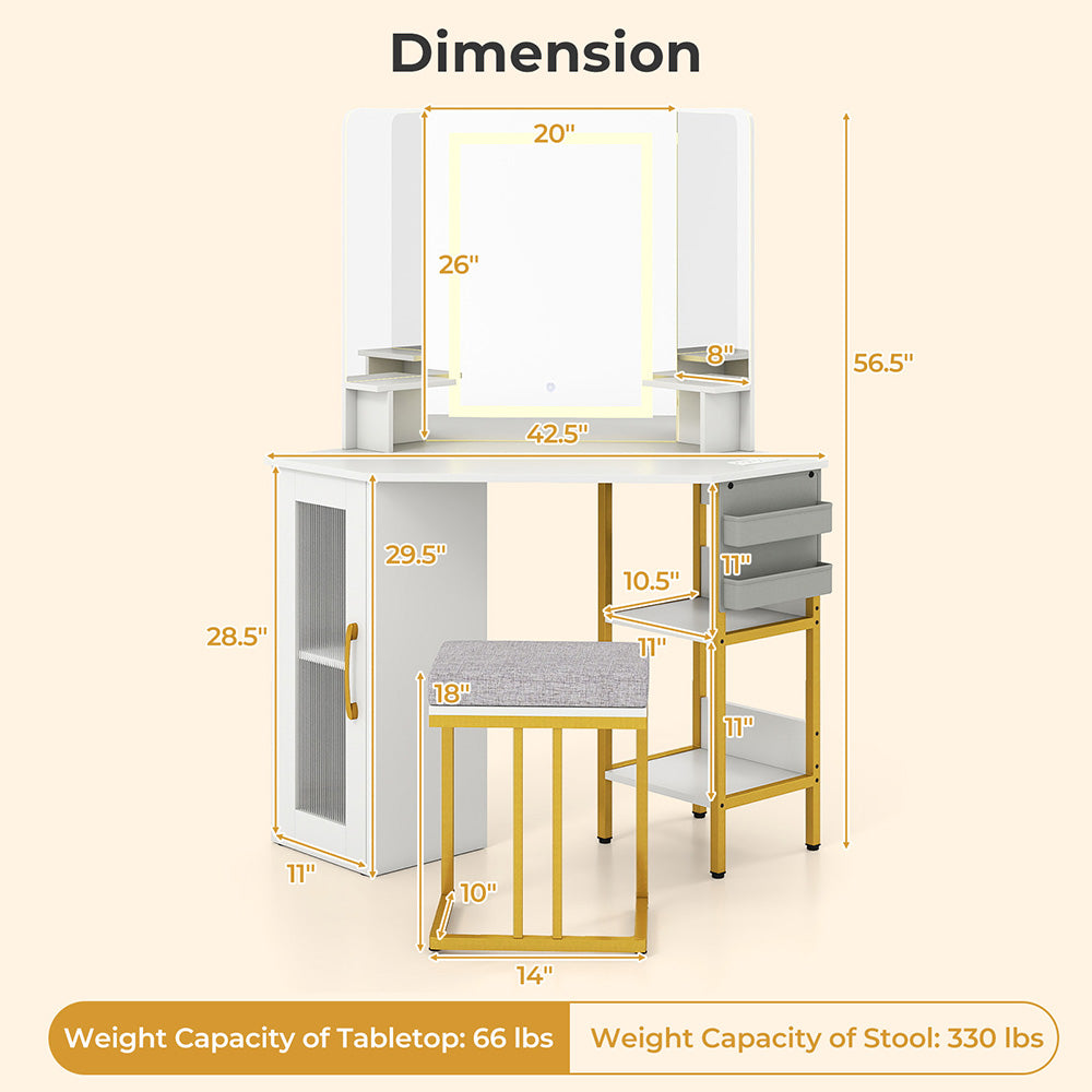 Coin Vanity Desk avec miroir et lumières Maquillage Table avec miroir triple