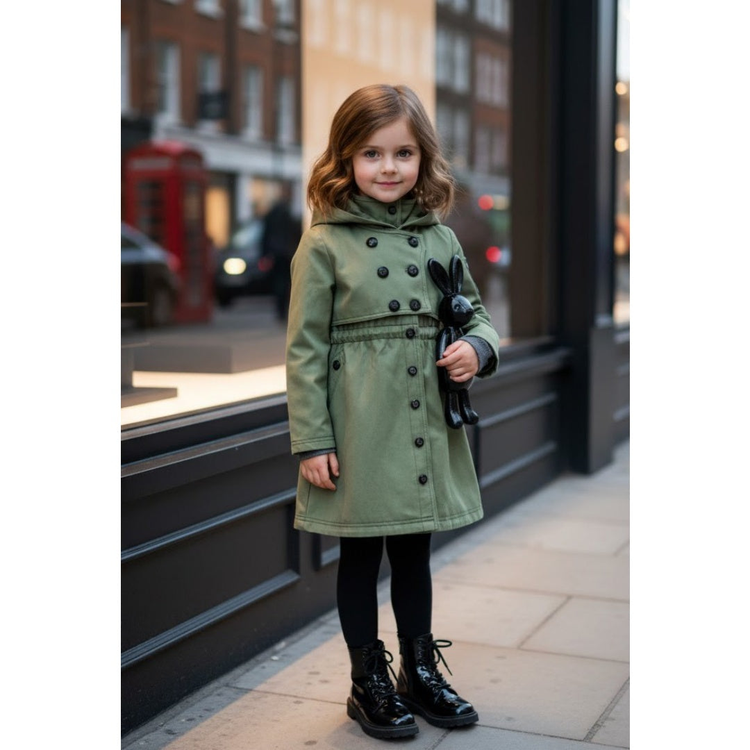 Filles Automne Printemps Enfants Coton Windproof Noir Vert Trench Coat 3-7Y