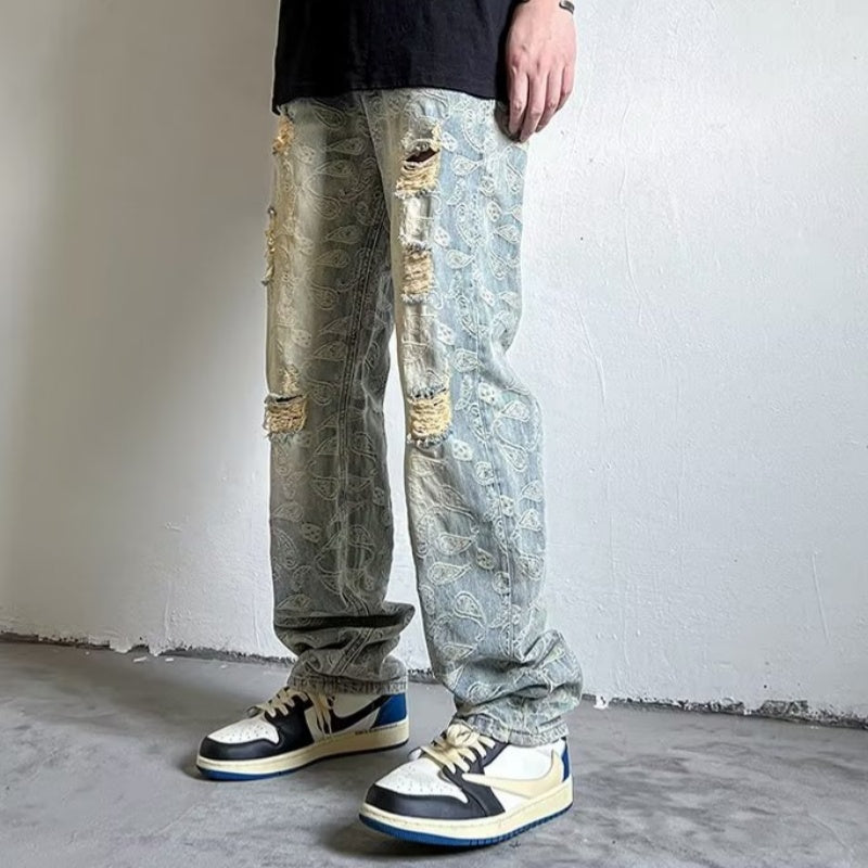 Hommes American Style Détresse Denim Jeans Lavés et Vintage Style vieilli