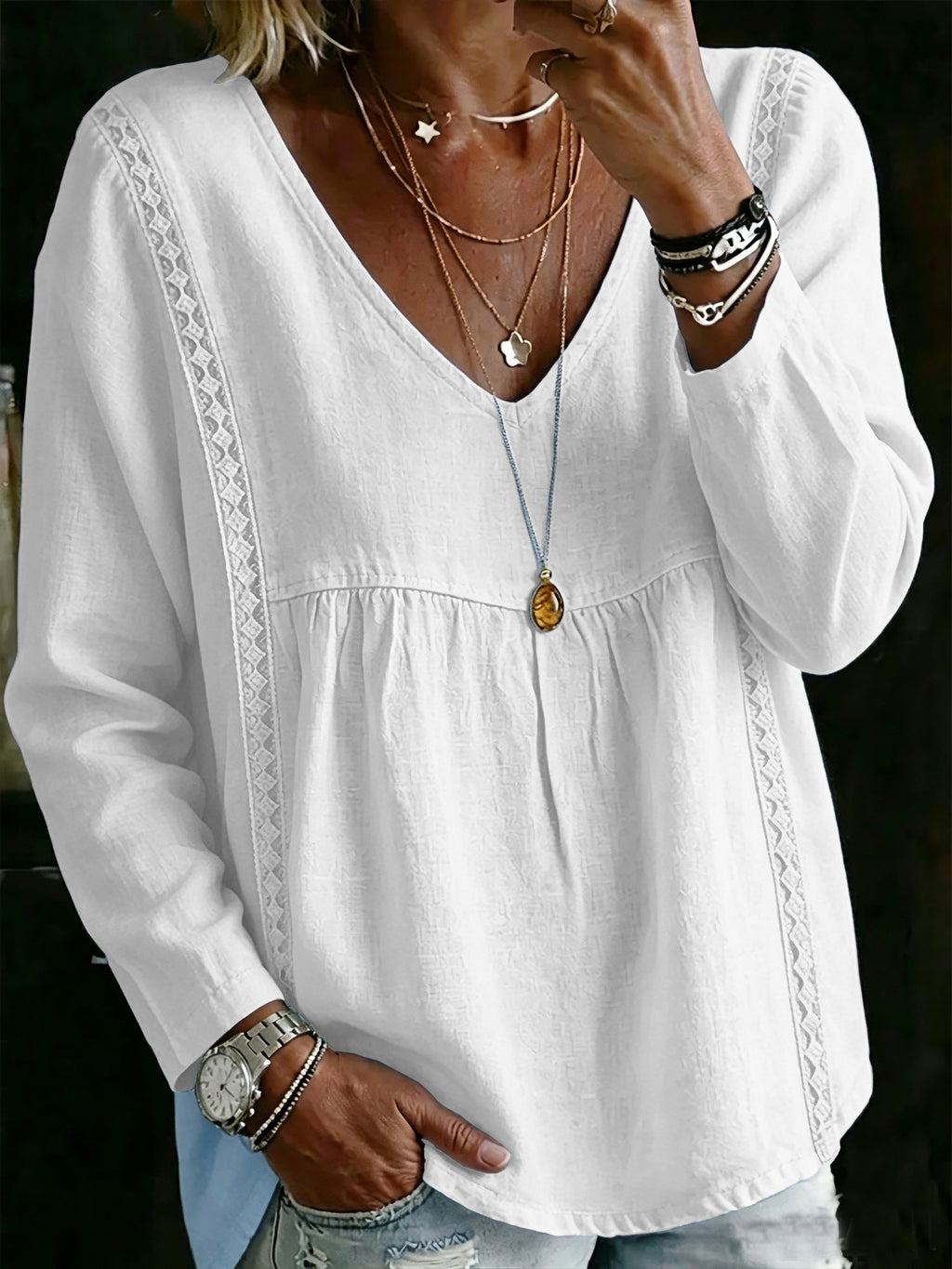 Blouse à manches longues en dentelle V pour femmes