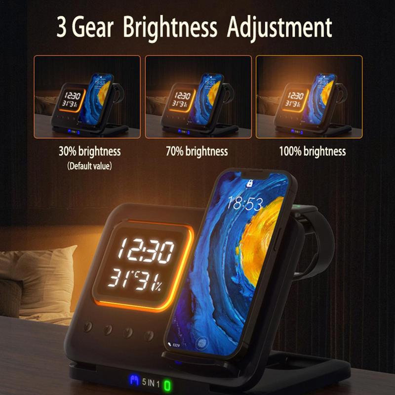 15W sans fil chargeurs Stand 5 In1 LED réveil numérique rapide charge station