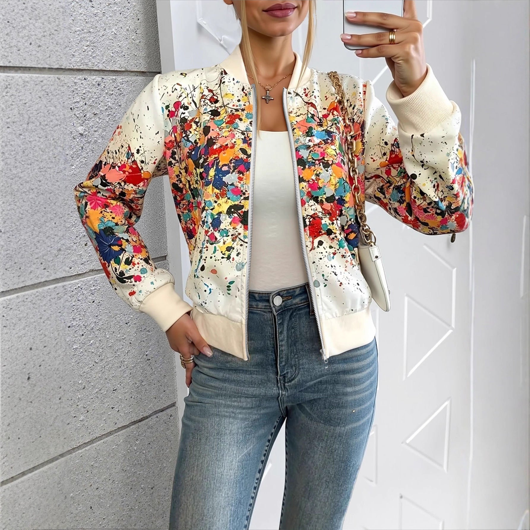 Veste extérieure zippée à la mode imprimée européenne et américaine