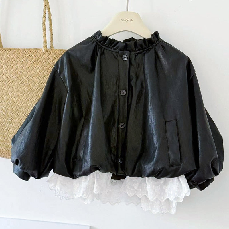 Veste en cuir de patchwork de style forêt d'automne pour bébé fille