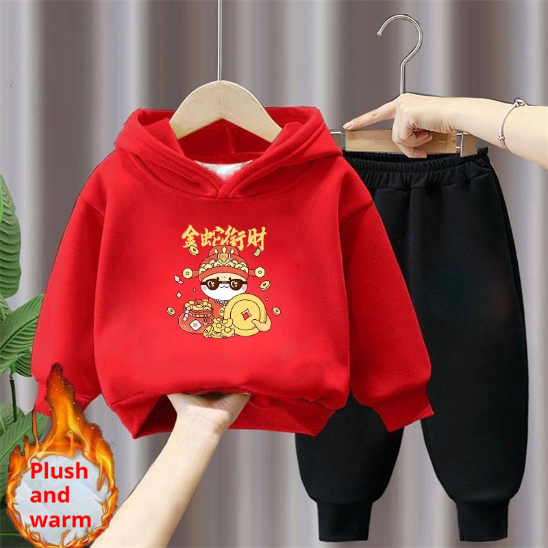 Ensemble de deux pièces à capuche et à sweatpants rouge festifs de style chinois doublé de polaire