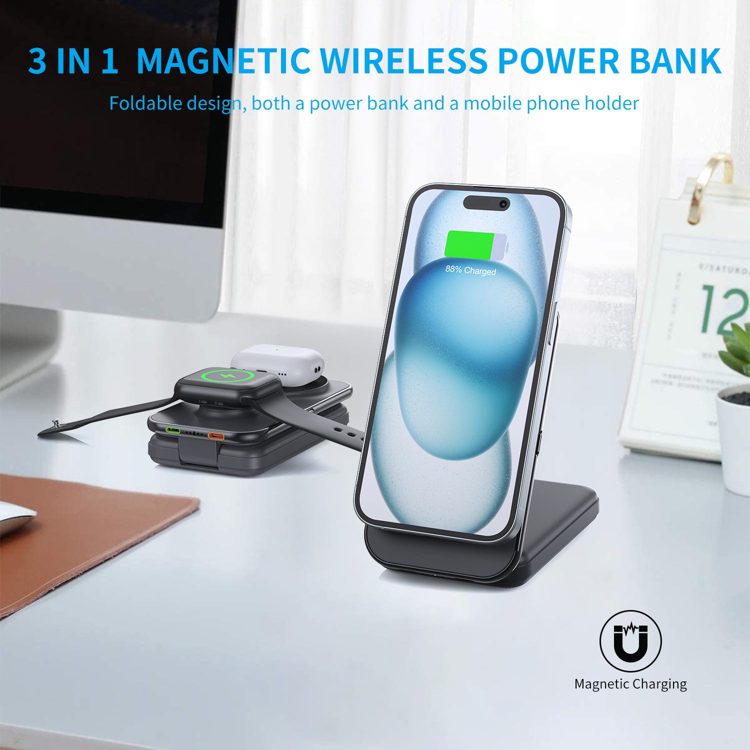 Pliage avec câble 8000mAh Banque de puissance magnétique sans fil