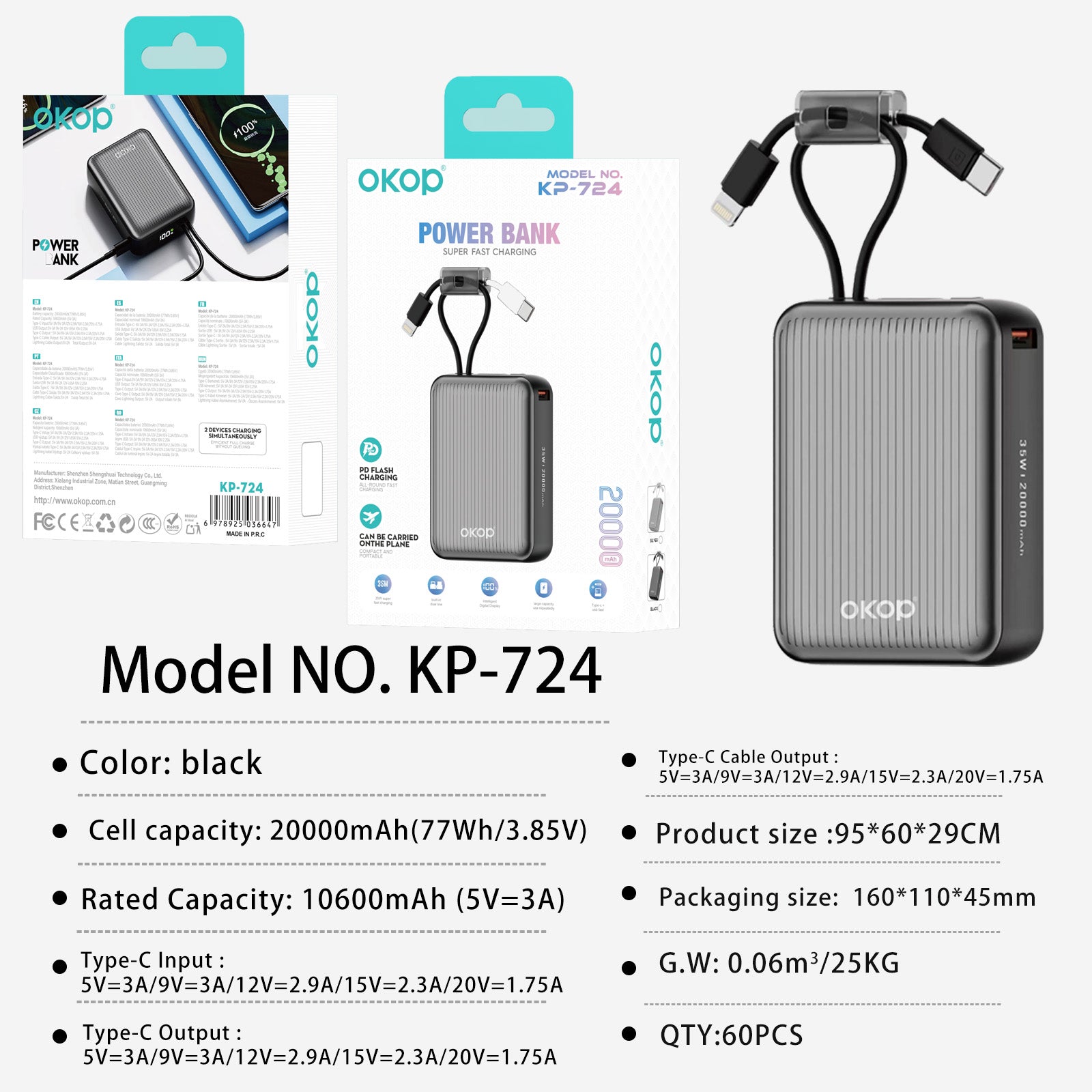 KP-724 20000mAh Banque de puissance haute capacité avec affichage numérique charge rapide 3C certifié F