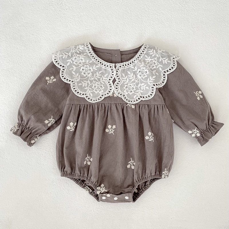 Girls' Lace Romper with Long Sleeves and Embroidery
