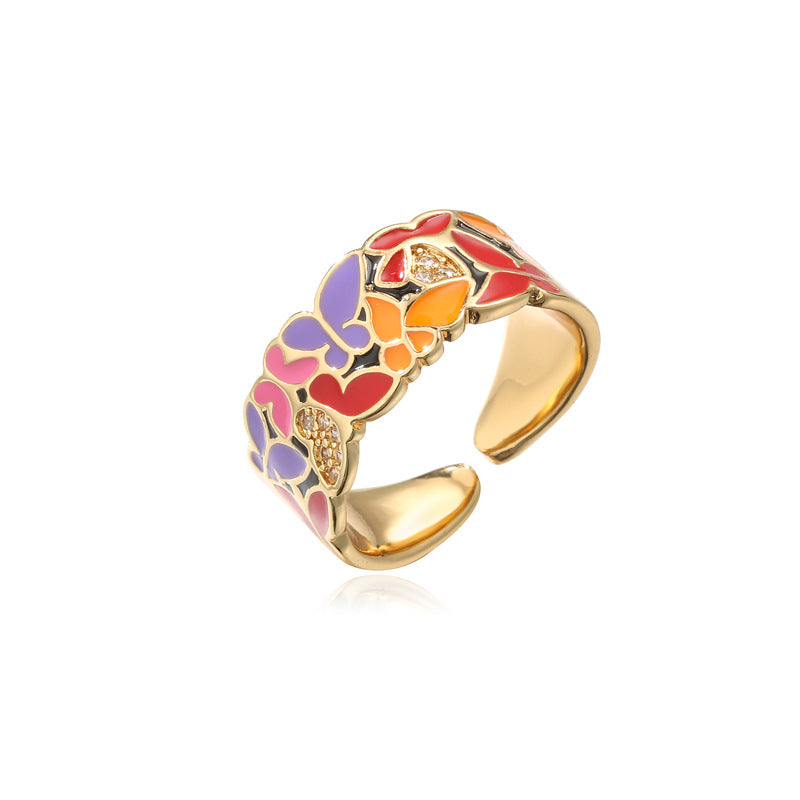 Personnalité mode Dripping Cuivre Micro-inlaid Zircon Butterfly Ring Femme