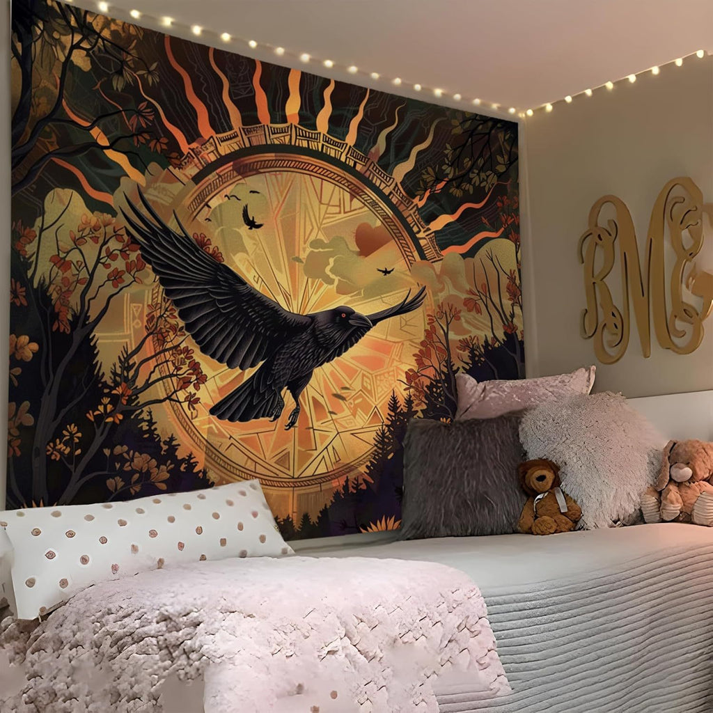 Halloween Noir Raven Sunrise Sunflower Tapestry
