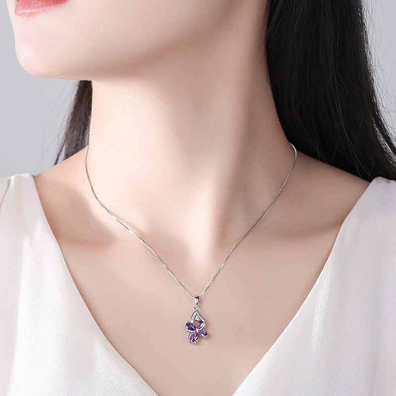 925 Sterling Silver Purple Diamond Butterfly Pendant Korean Style Necklace